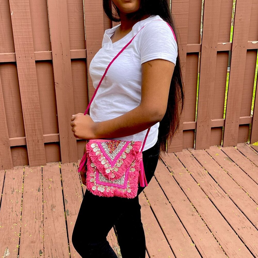 BRAND NEW Pink Eco Jute Sling Shoulder Cross-Body Gypsy Chic Bag with Cotton Bag